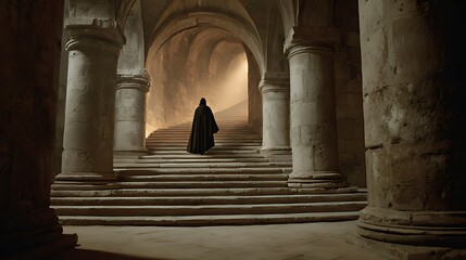 A hooded figure ascends ancient stone stairs in a dark medieval tunnel., A dramatic image of a person in a dark hooded cloak walking up a stone staircase within a dark, medieval tunnel or passageway.