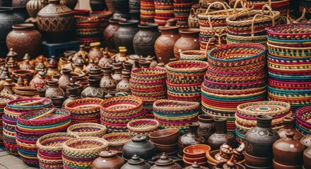 Vibrant Collection of Handmade Woven Baskets and Pottery at an Outdoor Market Stall
