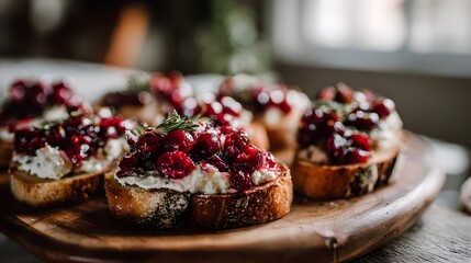 Toasted bread topped with cranberry sauce and cream cheese.