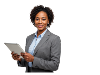 Smiling confident businesswoman of color holding a tablet and looking at the camera isolated on transparent background