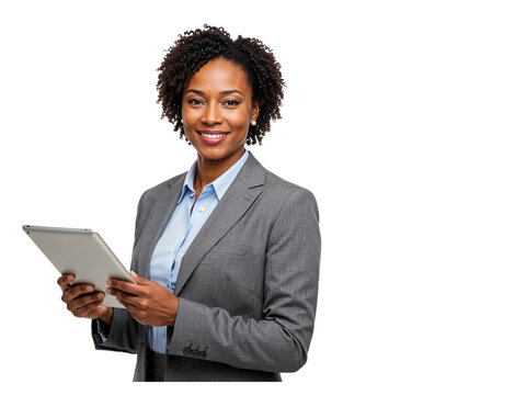 Smiling confident businesswoman of color holding a tablet and looking at the camera isolated on transparent background - Powered by Adobe