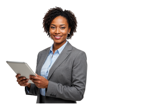 Smiling confident businesswoman of color holding a tablet and looking at the camera isolated on transparent background - Powered by Adobe