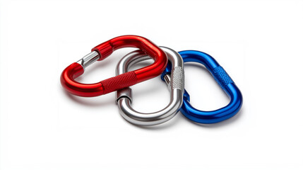 Three colorful locking carabiners in red, blue, and silver for climbing
