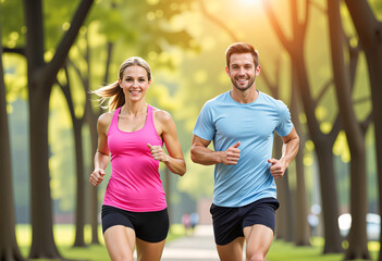 Young couple jogging together in a sunny park looking happy and active, healthy.