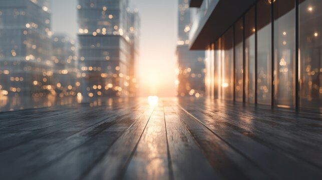 A cityscape at dusk with glowing lights reflecting off a wet wooden deck, capturing the serene atmosphere of an urban sunset.