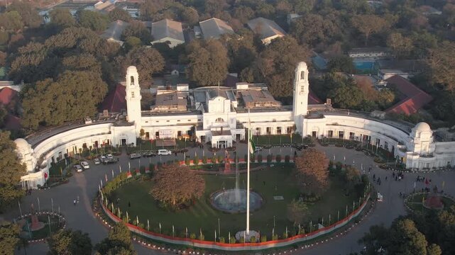 Aerial Drone Footage of Vidhan Sabha in Delhi India  Delhi Legislative assembly politics government building british architecture Indian National Flag