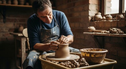 Skilled craftsman meticulously shapes clay on a pottery wheel in his rustic workshop