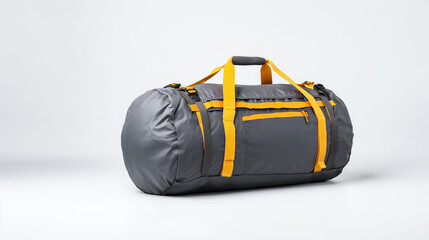 A grey and yellow duffel bag for travel, sports, and outdoor adventures