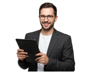 Smiling businessman wearing glasses holding a tablet computer and looking at the camera isolated on transparent background