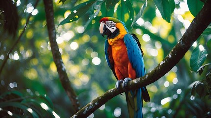 Obraz premium Colorful Macaw Perched on Branch in Lush Rainforest