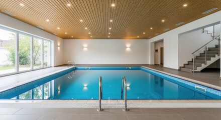 An inviting indoor swimming pool with clear blue water and a tiled surround offers relaxation
