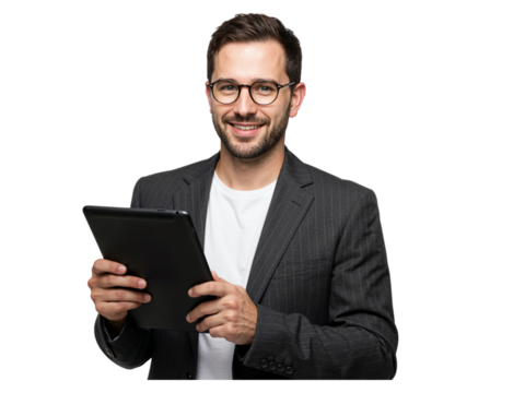 Smiling businessman wearing glasses holding a tablet computer and looking at the camera isolated on transparent background