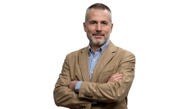 Professional headshot of a confident businessman in suit jacket with arms crossed on transparent background