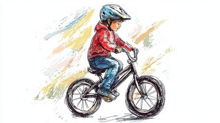 Fototapeta premium Hand-drawn illustration of a child riding a bike on white background