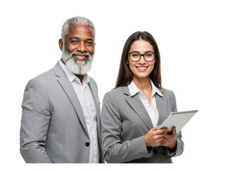 Diverse business team of a smiling man and woman in suits working together isolated on transparent background