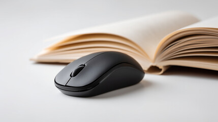 E-learning and online education concept with a computer mouse and a book