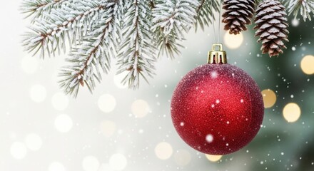 A festive red christmas ornament hangs from a snowcovered pine branch with bokeh lights in the background
