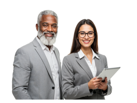 Diverse business team of a smiling man and woman in suits working together isolated on transparent background