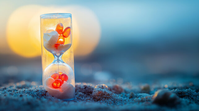 Translucent hourglass with memories as sand, some grains glowing red to signify cognitive health concerns.