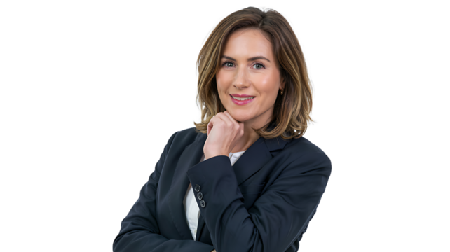 Professional woman headshot in suit jacket for corporate profile picture use on transparent background