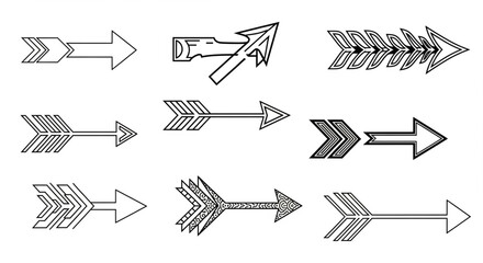 "A versatile set of arrow illustrations featuring various styles like double-headed, dashed, spiral, and tribal designs for creative projects."

