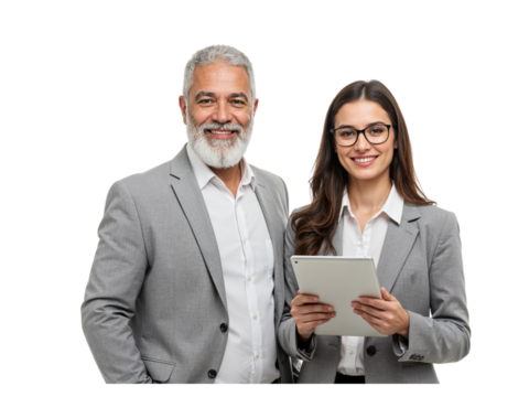 Smiling diverse business professionals a mature man and a young woman holding a tablet isolated on transparent background