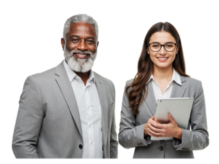 Diverse business professionals a smiling african american man and a caucasian woman holding a tablet isolated on transparent background