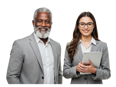 Diverse business professionals a smiling african american man and a caucasian woman holding a tablet isolated on transparent background