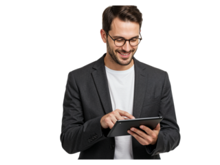 Smiling businessman wearing glasses and a suit jacket using a tablet computer isolated on transparent background