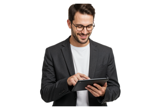 Smiling businessman wearing glasses and a suit jacket using a tablet computer isolated on transparent background