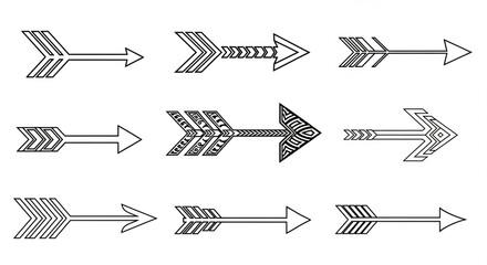"A versatile set of arrow illustrations featuring various styles like double-headed, dashed, spiral, and tribal designs for creative projects."

