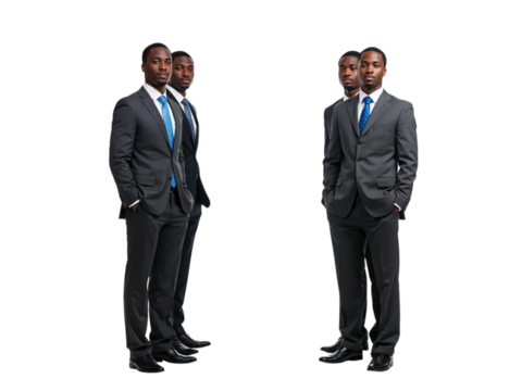 Two pairs of businessmen in suits standing with hands in pockets isolated on transparent background