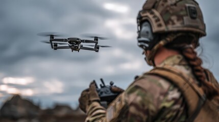 A soldier in tactical gear controls a drone using a remote, focused on the device's movements. Clouds loom above the open field, creating a dramatic atmosphere for the training
