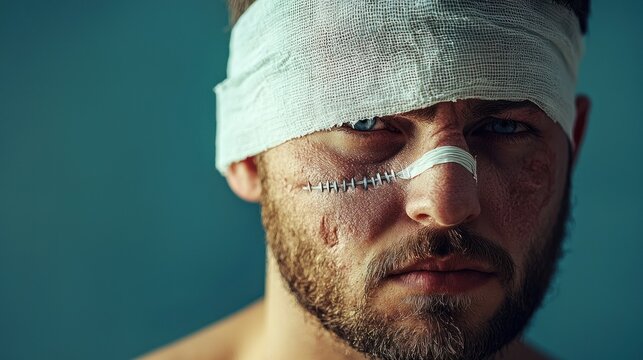 Man with bandage over stitched wound on face