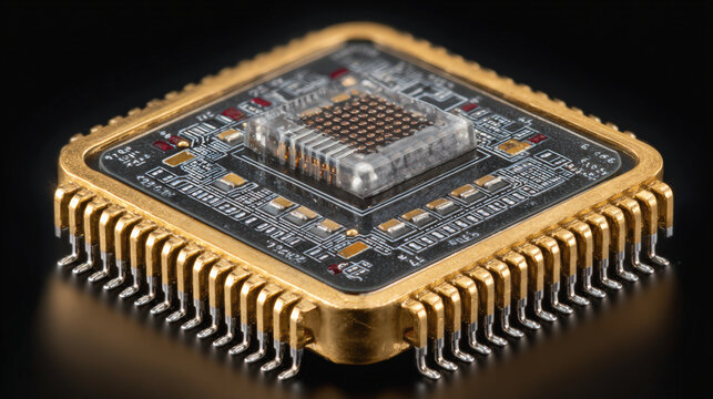 Quantum processor with intricate circuitry and gold plated edges, showcasing advanced technology and innovation in computing