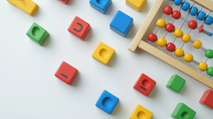 Math learning tools like abacus and number cubes on white background