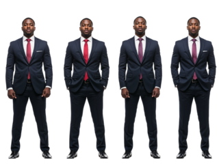 Four identical businessmen in dark suits and red ties standing in a row isolated on transparent background