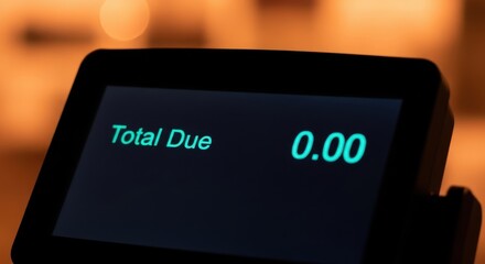A closeup of a payment terminal screen displaying a total due of zero dollars and zero cents