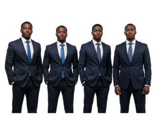 Four young african american men in matching dark suits and ties stand together as a cohesive group isolated on transparent background