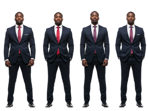 Four identical businessmen in dark suits and red ties standing in a row isolated on transparent background