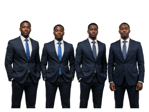 Four young african american men in matching dark suits and ties stand together as a cohesive group isolated on transparent background