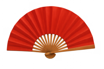 Wooden folding fan with red fabric panels creating refreshing airflow, positioned against transparent backdrop