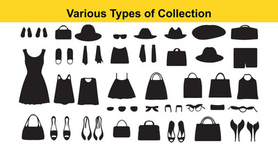 Collection of Fashion Items: Silhouettes of Dresses, Bags, Hats, & Shoes