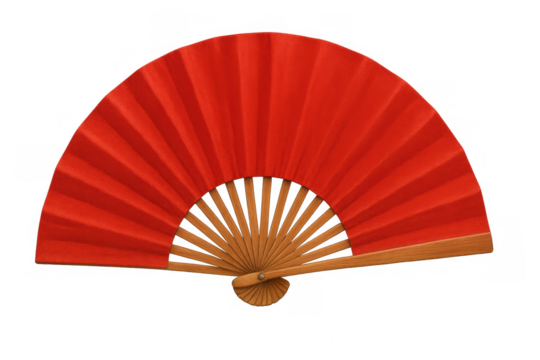 Wooden folding fan with red fabric panels creating refreshing airflow, positioned against transparent backdrop
