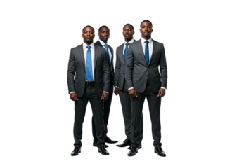 Four professional african american businessmen in suits standing together as a team isolated on transparent background