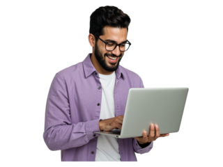 Smiling young man with glasses wearing a purple shirt holding and using a laptop isolated on transparent background