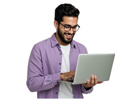 Smiling young man with glasses wearing a purple shirt holding and using a laptop isolated on transparent background