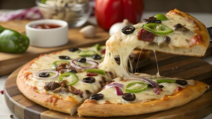 Delicious hot pizza with melted cheese being pulled away from the slice with fresh ingredients in the background