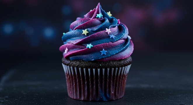 Galaxy Cupcake with Nebula Frosting and Glowing Edible Stars