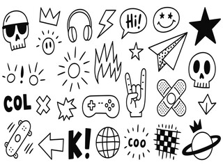 Abstract sketch style doodle elements collection. Hand drawn graffiti icons for youth design, vector graphic set.